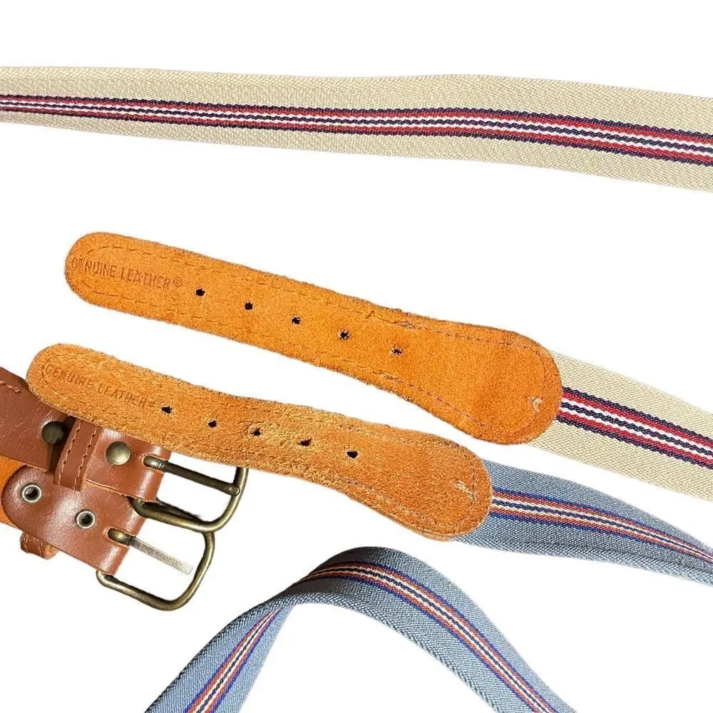 Vintage striped stretch webbing and leather belts fits upto 38” waist